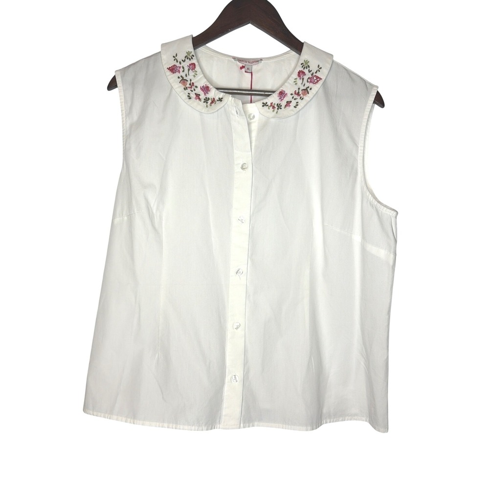 Frances Valentine Louise Top XL Cottagecore White Floral Embroidered Peter Pan